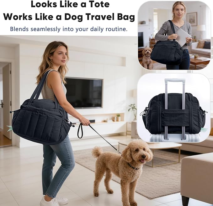 Dog Travel Bag for Supplies, Airline Approved Pet Travel Organizer with 2 Food Containers & Collapsible Bowls, Large Capacity Dogs Tote Bag for Weekend, Stylish Dog Mom Gift for Pet Lovers