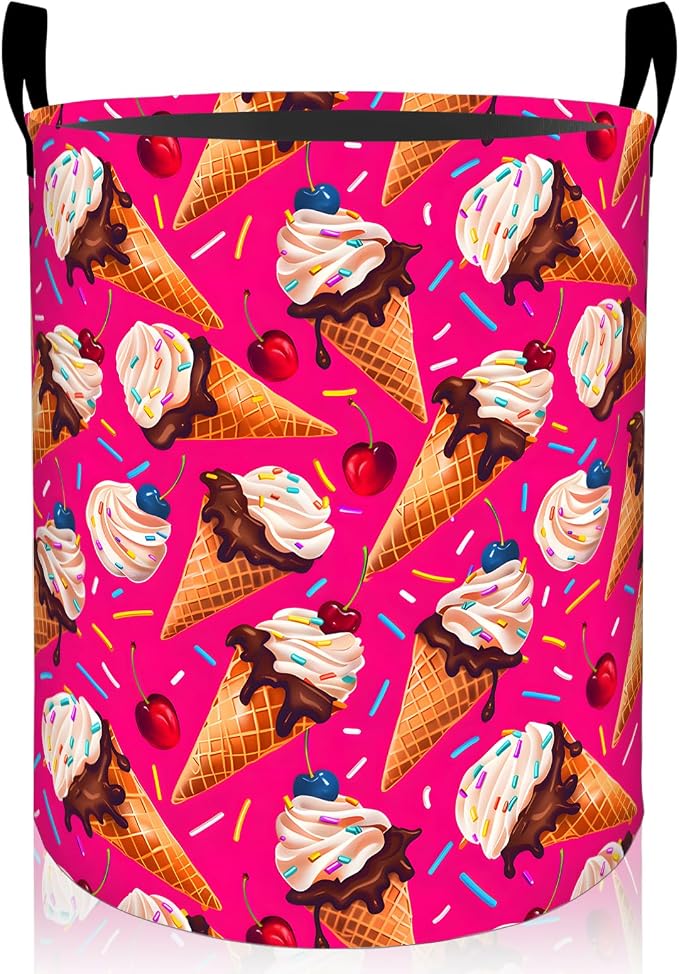Ice Cream Laundry Basket, Colorful Dessert Foldable Oxford Cloth, Waterproof Dirty Clothes Hamper with Handles, Clothing Storage Bin Toy Organizer for Bedroom Dorm Bathroom, 19.7"x15.7"