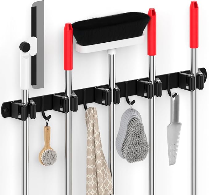 5 Grippers Broom Holder Wall Mount with 4 Hooks Stainless Steel, Black | Self Adhesive or Screw Mop and Broom Organizer, Heavy Duty Storage Rack for Garage Kitchen Laundry Room Closet Garden