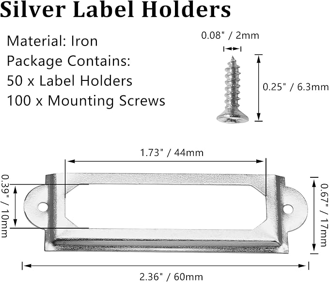 50 PCS Metal Label Holders 60x17mm Silver with Screws | Iron Nickel-Plated Rust-Proof, 60x17mm Fits 44x10mm Label, Screws Included, For Cabinet Drawer File Box