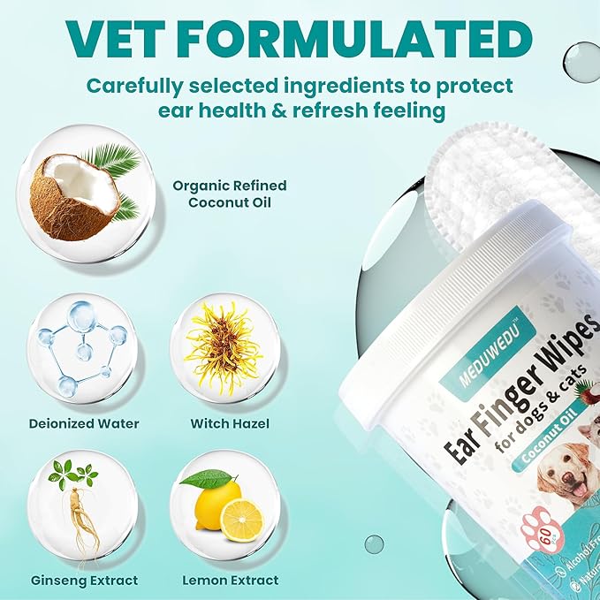 MEDUWEDU Ear Cleaner Finger Wipes 120 Counts, Dog Ear Cleaner, Grooming Kit Care for Dogs and Cats, Soft & Easy Otic Cleaning Pads, Remove Wax, Dirt & Stop Smelly, Itchy, Non-Irritating, Unscented