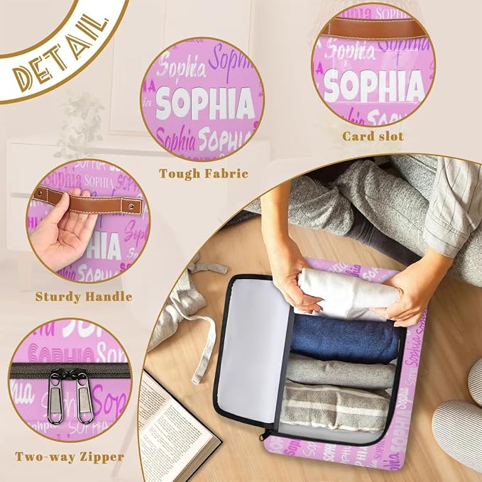 Custom Name Storage Bin with Lid Zipper, Personalized Pink Rectangular Storage Basket with Handles for Organizing Boys Girls Toys Office Closet Shelf Baskets