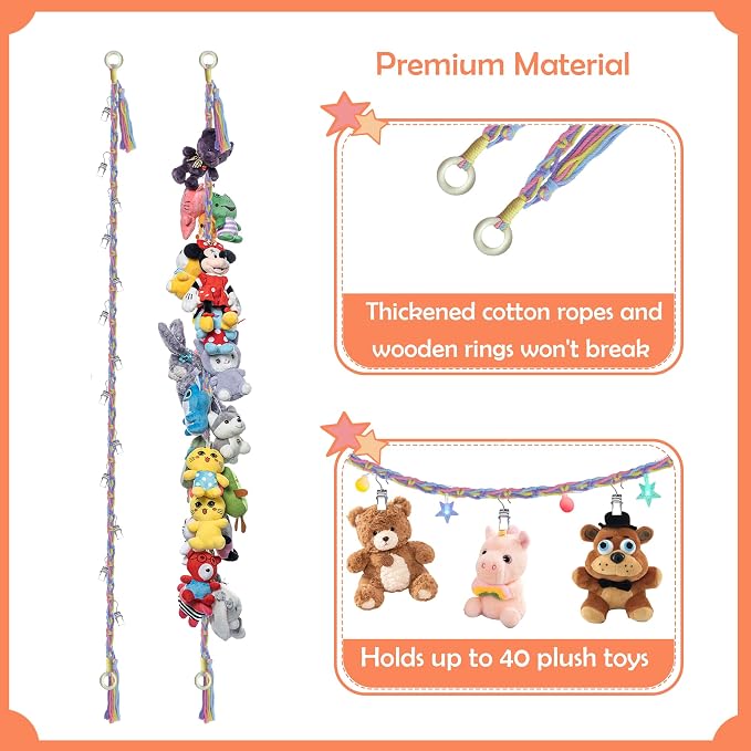 2PCS Stuffed Animals Storage Chain Organizers 80" Cotton Hanging Storage Chain with 2x 10 Led Light 40 Metal Clips Stuffed Animal Display Holder Chain for Nursery Play Room (Rainbow)