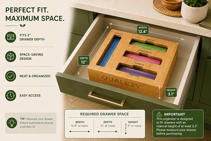 Bamboo Storage Bag Organizer for Drawer | 4-in-1 Baggie Organizer, Kitchen Drawer, Wall Mount & Countertop, Gallon, Quart, Sandwich & Snack, Engraved Labels