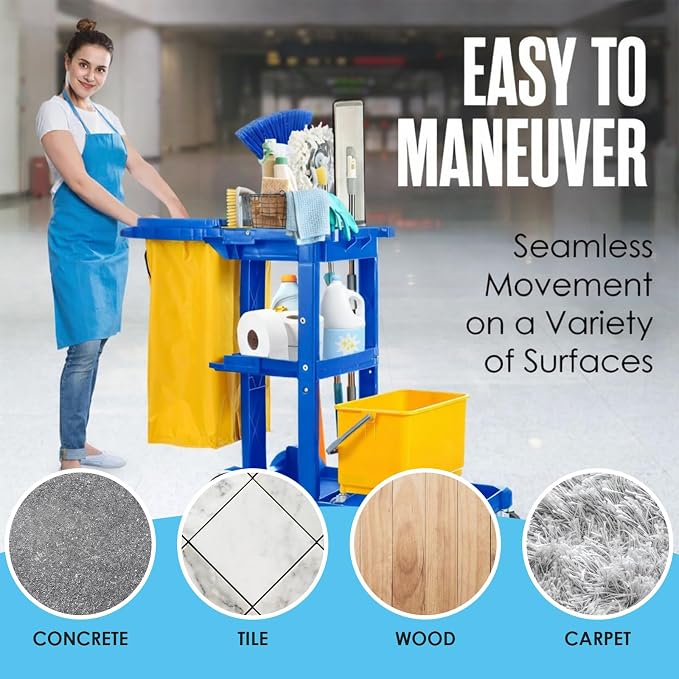 Cleaning Cart, Janitorial Cart, Cleaning Caddy with Wheels, Maid 440 LB | Houseables for Housekeeping, Janitor, Custodian, House Keeping, Maintenance, Rolling Supply Organizer, Custodial, Commercial