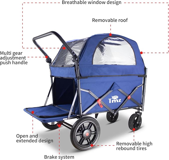 TMZ Collapsible Wagon Cart, Folding Utility Wagon with Breathable Fabric, Canopy, Expandable Storage, Adjustable Handle, Brake, Heavy Duty Cart for Walking & Camping (Blue)