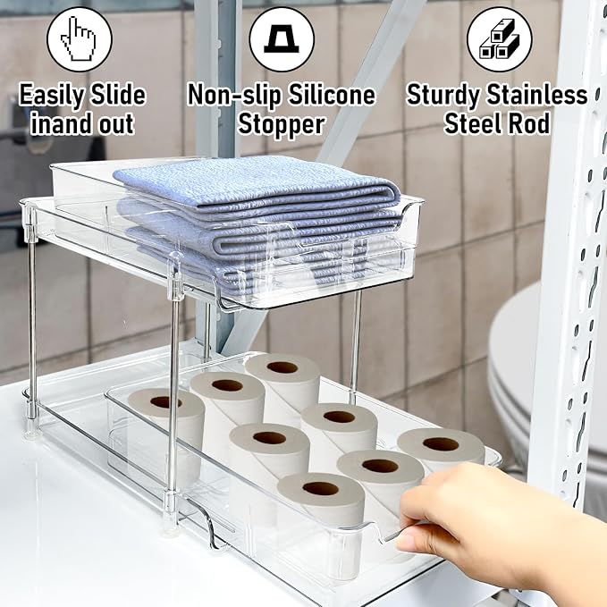 2 Pack Bathroom Storage Organizer with Dividers, 2-Tier Clear Vanity Counter Makeup Storage, Stackable Pull Out Under Sink Organizers for Bathroom Kitchen Pantry