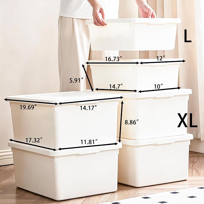 6-Pack Stackable Plastic Storage Bins with lids, White, 4XL 36QT + 2LG 15QT | Heavy-Duty,Large capacity; Minimalist style，Perfect for Home/Office/Garage; Stores Snacks, Crafts, Legos, Tools