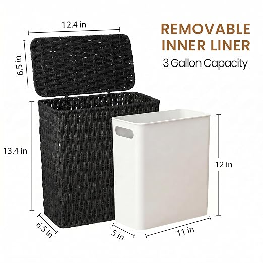 Wicker Trash Can,3 Gallon Bathroom Trash Can with Lid,Handwoven Paper Rope Rattan Waste Basket with Removable Liner and Built-in Handles for Bedroom,Toilet,Narrow Spaces,Black