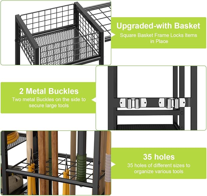 Garden Tool Organizer with Basket, 3-Tier Yard Storage Rack for Garage | 35 Long-Tool Slots: Steel rack adds 11 hooks, 10 small-tool slots, 2 metal clips and 4 leveling feet for sheds or yards.