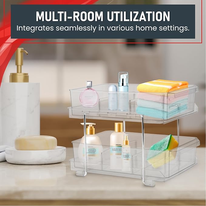 Masirs 2-Tier Clear Pull-Out Drawer Organizer - Sleek, Compact & Sturdy Makeup and Closet Organizer - Easy Assembly Kitchen Storage Solution, Ideal for Makeup, Tools, Medicines & Snacks - Pack of 2