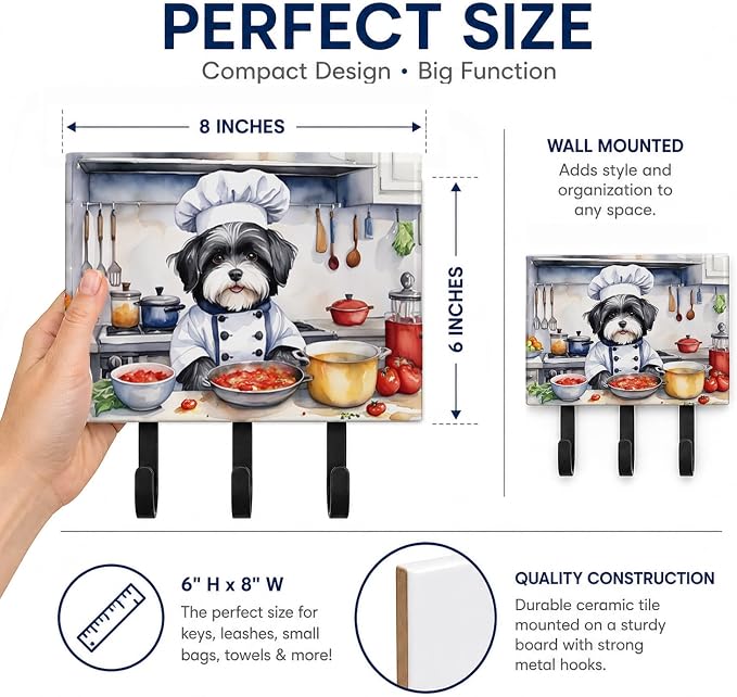 Caroline's Treasures Havanese The Chef Leash or Key Holder Wall Hooks, Key Hooks Holder, Coat Rack Wall Mount, Coat Hooks, Hooks for Hanging Keys, Towels, Aprons, Leashes | Havanese The Chef artwork on ceramic tile with three steel hooks for keys, leas...