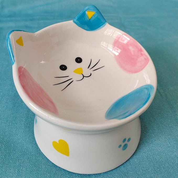 Cute Ceramic Raised Cat Bowls Elevated Design, 15° Tilted FeederProtect Cat's Spine Anti Vomiting Blow for Flat Faced Cats, Kitten Small Dogs,Raise Tilted Cat Food Bowld Pet Dishes(Blue)