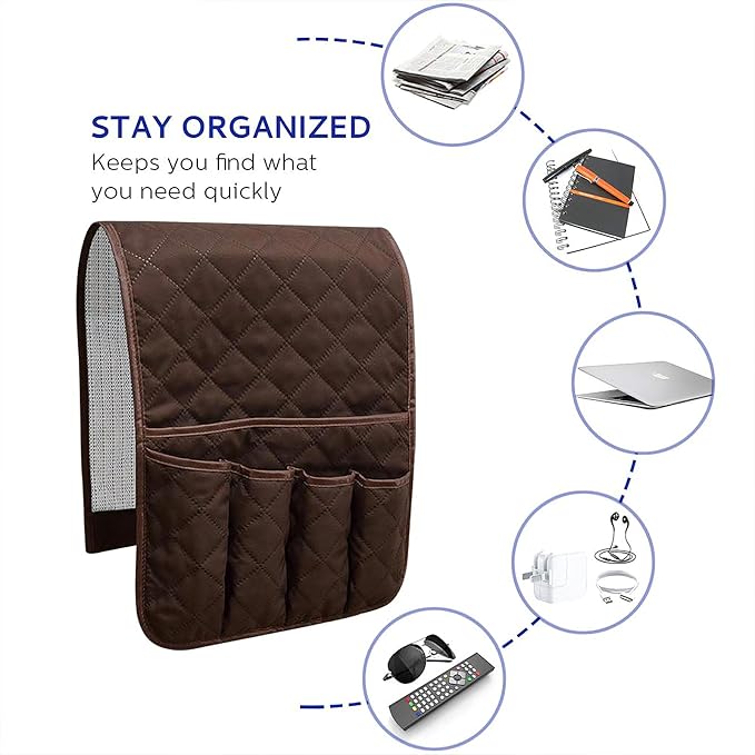 Armchair Caddy for Recliner, Non Slip Sofa Arm Organizer, Dark Brown | 5-Pocket Recliner Armrest Organizer, Couch Side Storage Holder for Remotes, Cell Phone, Magazines & Tablets, Machine Washable