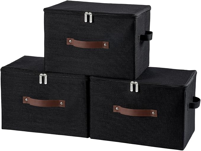 3PCS Storage Bins with Zipper Lid Decorative Lidded Boxes Basket | Cotton Linen Fabric Boxes, Collapsible Shelf Closet Organizer Container, PU Leather Handle, Stackable Washable (Black, Large)