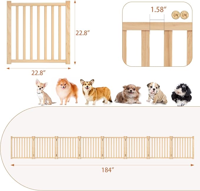 YOCAN Non-Painted Wooden Freestanding Dog Gate - 8 Panel 23" | Pet Gate for Indoor Use, Dog Fence for Doorways, Stairs & House, Step-Over Design, Easy to Install
