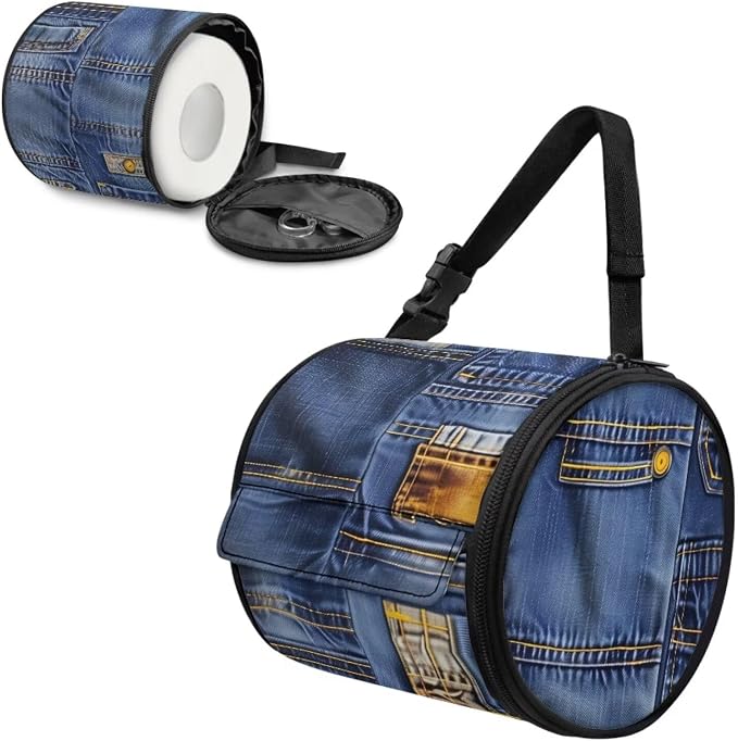 Hanging Bathroom Toilet Paper Tissue Holder Wall Mounted Tissue Towel Roll Holder with Adjustable Strap Easy Installation,Denim Patchwork Pattern