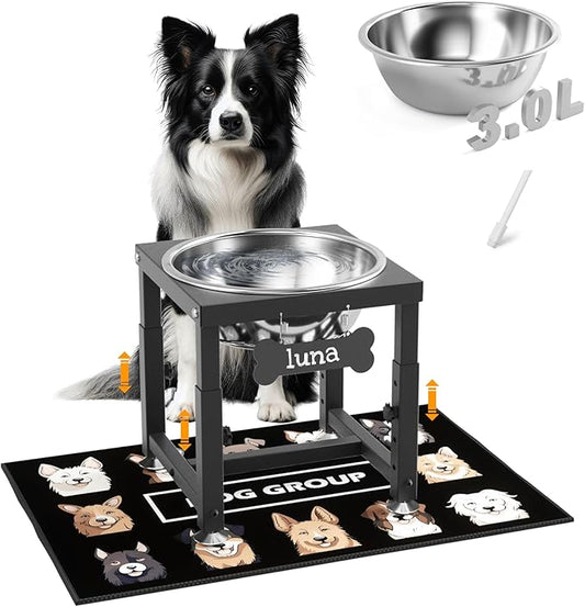 ADENGL 0.8 Gallon Elevated Dog Water Bowl for Medium Dog, 4-Height Adjustable (8–12.2'') Raised Stainless Steel Bowl with Spill-Proof Mat & Sturdy Metal Stand, Easy-Clean Feeder for Indoor/Outdoor Use
