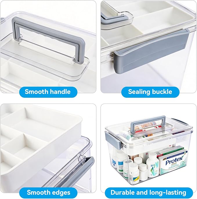 Plastic Medicine Storage Organizer & First Aid Box, Medicine Box with Handles, Multipurpose Medical Supply Organizer with Removable Tray for Home, Office & Travel (X)