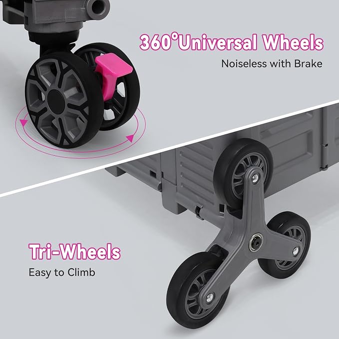Foldable Utility Cart Portable Crate Rolling Dolly with Telescopic Handle,Can be Pulled diagonally, Magnetic Retractable Lid, 360°Swivel Climbing Wheels for Shopping Carrying Groceries Move Grey