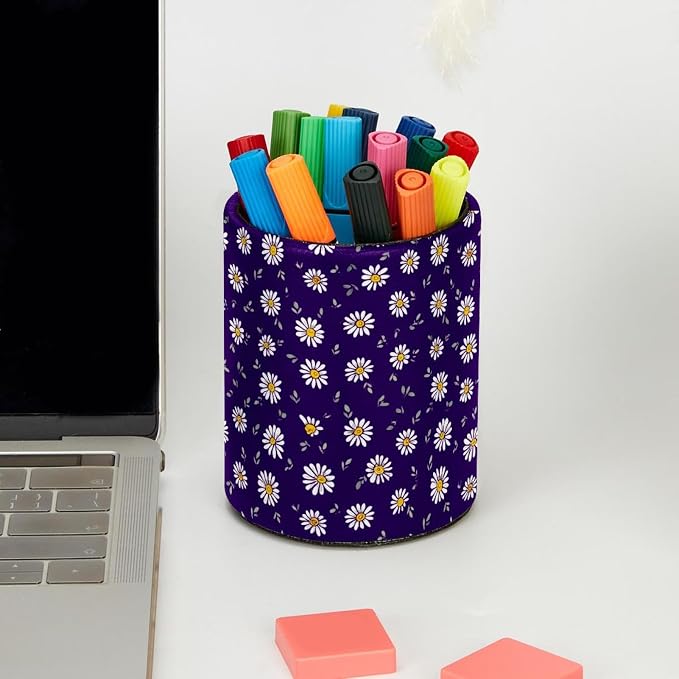 Faux Leather Pen Holder for Desk, Pencil Organizer Daisy Pen Cup Desk Decor Makeup Brush Holder Storage for Office Home