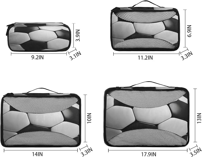 4 Set Packing Cubes for Travel, American Football Packing Cubes for Women, Travel Luggage Packing Organizers, Packing Cube Set, Black and White Soccer
