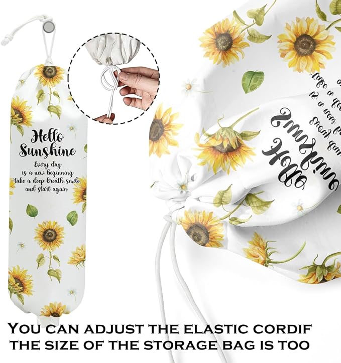 Sunflower Plastic Bag Holder for Kitchen Essentials, Hello Sunshine | Wall Mount Grocery Bag Holder for Plastic Bags, Sunflower Reusable Grocery Bags Storage Dispenser for Home Kitchen Pantry