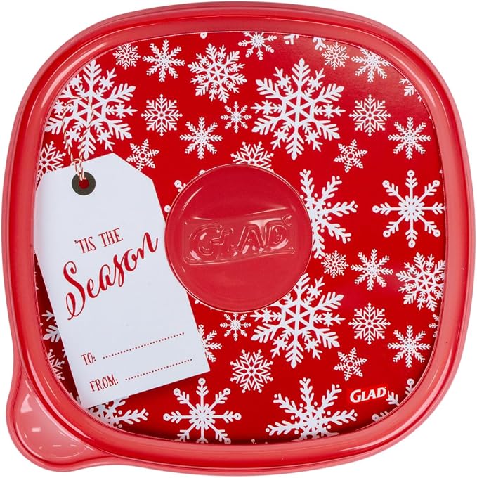 Glad GladWare Holiday Food Storage Containers, Large Square, 42 Oz, 3 Count | BPA-free plastic, reversible gift tags included, microwave, freezer, and dishwasher safe, 42 oz, gifting
