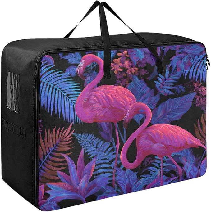 Comforter Storage Bags Large Folding Blanket Organizer Bag with Strong Handles Clear Window Closet Storage Containers for Clothes King Queen Pillows Bedding Quilt Duvet Blue Purple Flamingo Pal
