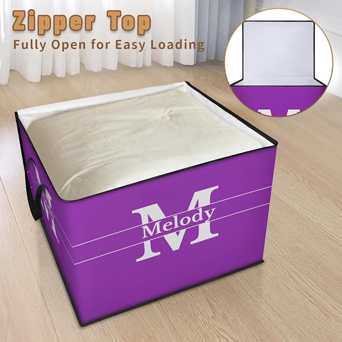 Custom Storage Baskets Cubes for Home with Name, Purple Large Foldable Organizer Collapsible Storage Bins with Initial Letter for Home Blanket Comforters Clothes Closet Nursery