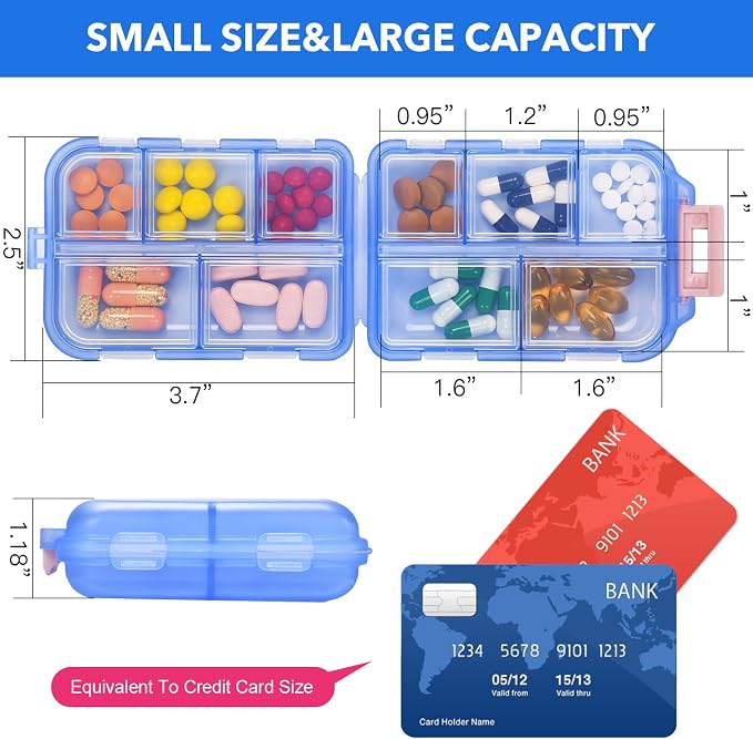 Travel Pill Organizer with 189 Medicine Labels, 10 Compartments Small Pill Case Compact and Portable Travel Pill Box for Airplane Car Purse Nurse Vacation Essentials (Blue, 1 Pack)