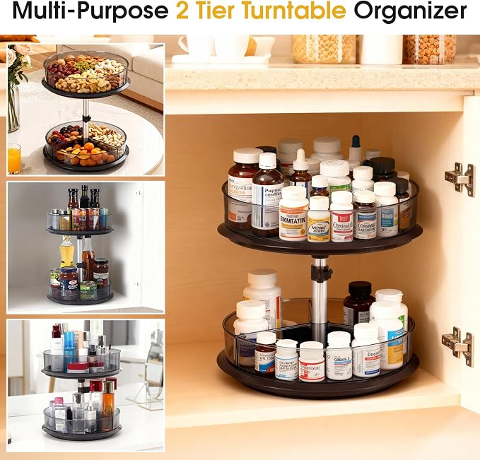 2 Tier Medicine Cabinet Organizer, Rotary Turntable Organizer for Medicine and Vitamin Bottles, Under Sink Organizer for Medicine, Bathroom Cabinet Storage, Tray has Removable Dividers, Easy Assembly