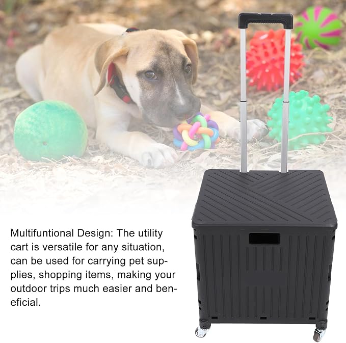 Folding Utility Cart, Portable Rolling Crate Handcart with Telescoping Handle, Large Capacity Storage Cart for Outdoor Shopping Travel, 15.75in x 14.17in x 39.37in (Black)