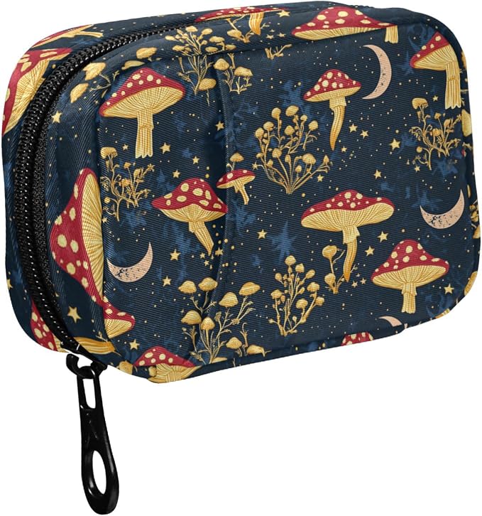 Fustylead Mystical Aesthetic Mushrooms Moon Stars Pill Organizers 2 Times A Day Pill Case Bag with Zipper Portable Weekly Pill Dispensers for Vitamin Supplement