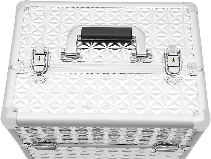 3 in 1 Makeup Rolling Train Case, Cosmetic Travel Trolley Storage Sliding Drawer 4 Tray Hairstylist Organizer Box with 3 Keys Salon Barber Case Traveling Cart Trunk for Hairstylists Nail Tech (Silver)