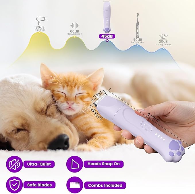 Veeconn Dog Clippers for Grooming - 4-in-1 Dog Clippers Grooming Kit with Low Noise & IPX7 Waterproof Design Includes Comb Paw Trimmer Nail Grinder - Rechargeable & Cordless Dog paw Trimmer (Purple)