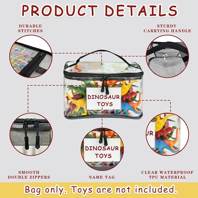 6-Pack Clear Toy Storage Bags Extra Large with Mesh Pocket, Toy Organizer with Name Tags and Marker TPU Waterproof for Lego, Puzzles, Building Blocks, Small Toys