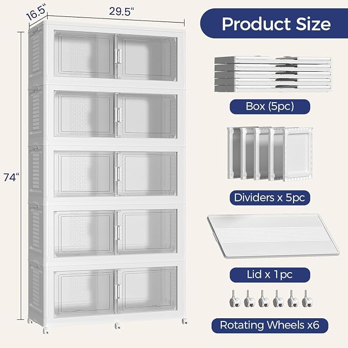 200Gal Stackable Storage Bins with Lid 5-Tier Collapsible Cabinet Closet Organizer Box with Wheels, 8000QT Large Plastic Drawer Container with Doors for Clothes Kitchen Organizing, White