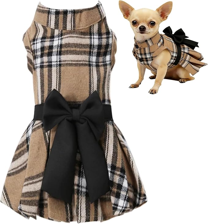 Classic Plaid Dog Dress with Bow Tie for Small Dogs Cats Girls, Cute Puppy Dresses Clothes with Bowknot Chihuahua French Bulldog Pet Apparel Outfits (Chestnut Brown, XX-Small)