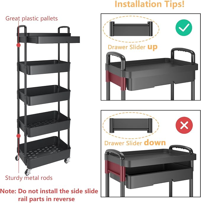 Calmootey 5-Tier Utility Cart with Drawer & Wheels, Storage for Home,Office | Space-Saving Organizer, Sturdy Plastic Shelves, Smooth-Rolling Metal Wheels, Built-in Drawer for Small Items, Black