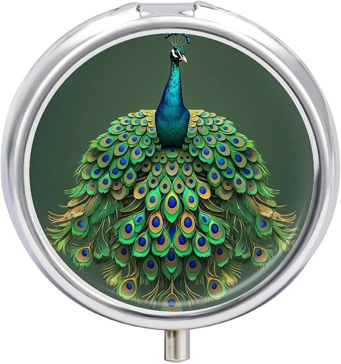 3 Compartment Medicine Pill Case, Peacock with Tassels Round Pill Box, Portable Decorative Medicine Organizer for Pocket Or Purse Vitamin Organize