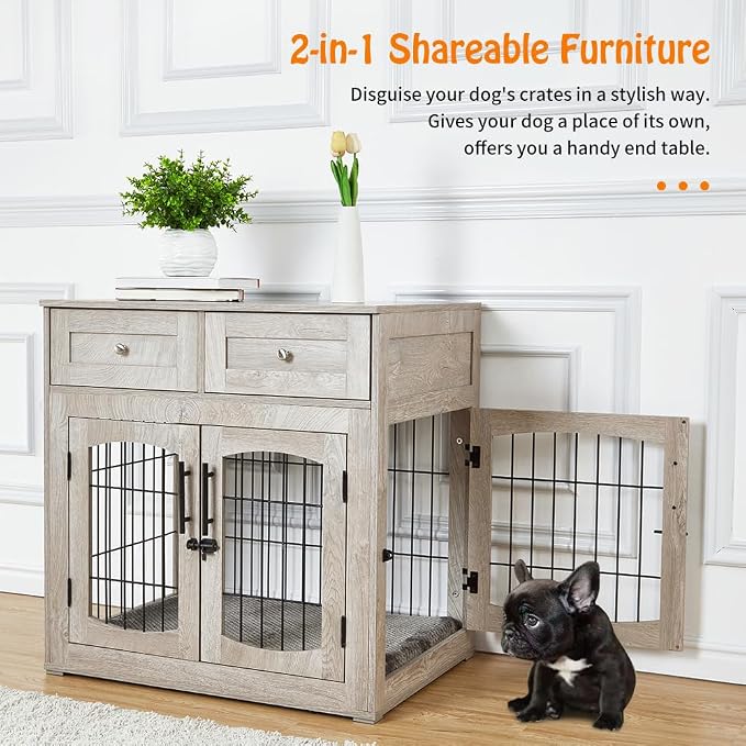 Dog Crate Furniture with 3 Doors,39.4" Large Dog Crate with 2 Drawer & Cushion,Wooden Dog House Kennel for Medium/Large Dog (31.5" l×23.6" w×32.1" h)