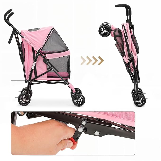 MoNiBloom Pet Stroller for Small/Medium Dogs and Cats up to 22 lbs, Pink | Foladble 4 Wheels Easy-Fold Puppy Cage Jogger Stroller with Sun Cover, Pad and Rear Storage Bag, Breathable and Visible Mesh