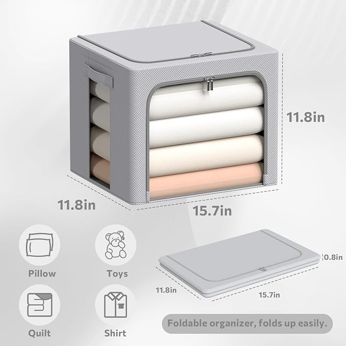 CYhom 3Pack Frame Storage Box - Clothes Storage Bin Bags Oxford Fabric Foldable Stackable Container Organizer Set with Clear Window & Carry Handles (Grey, X-Small-36L)