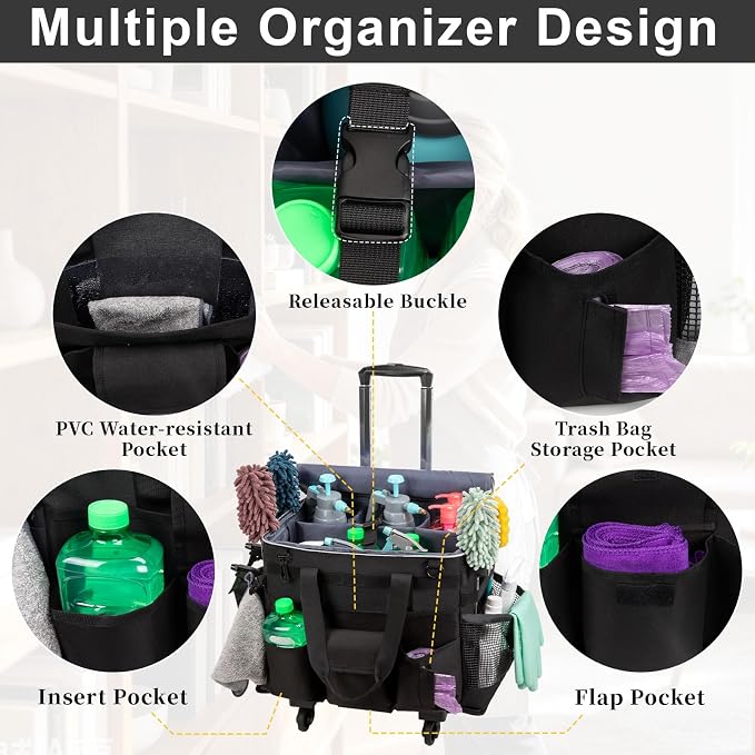 Large Rolling Cleaning Caddy with Wheels, Cleaning Supplies Organizer | With Detachable Trolley, Water-resistant Cleaner Cart for Housekeepers, Multi Pocket Cleaning Cart with Strap, Black