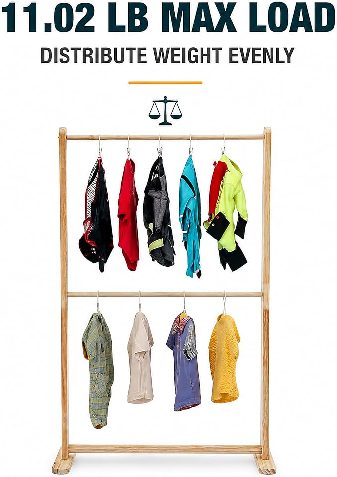 LOYALHEARTDY Wooden Pet Clothes Rack, 2-Tier Garment Display Stand | Three Hanging Rods, Lift-Out Middle Bar, T-Shaped Feet