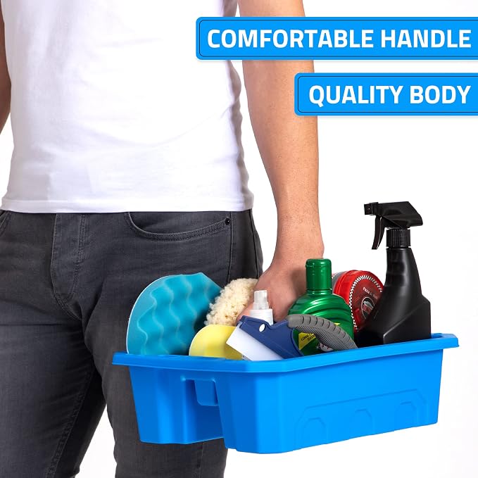 CANOPUS Storage Tray Tote with Functional Holes - 2 PCs Plastic Cleaning Caddy with Handle, Portable Caddy, Undersink Storage for Kitchen, Shoe Cleaning Box, Products Organizer, Blue