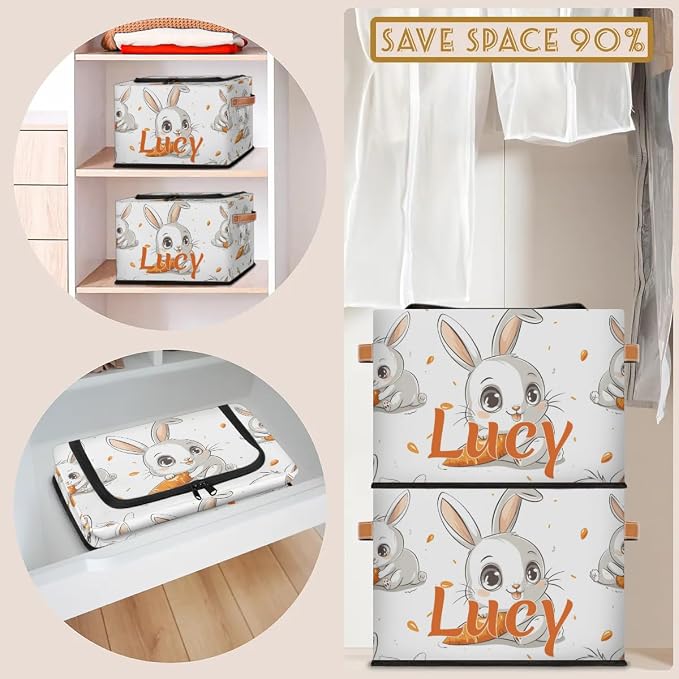 Custom Cute Rabbit Storage-Bin With Zipper Lid for Kids-Girls-Boys-Baby-Pet,Personalized Name Foldable Storage Box with Handle,Baby Basket With Label for Bedroom Nursery Toy Clothes