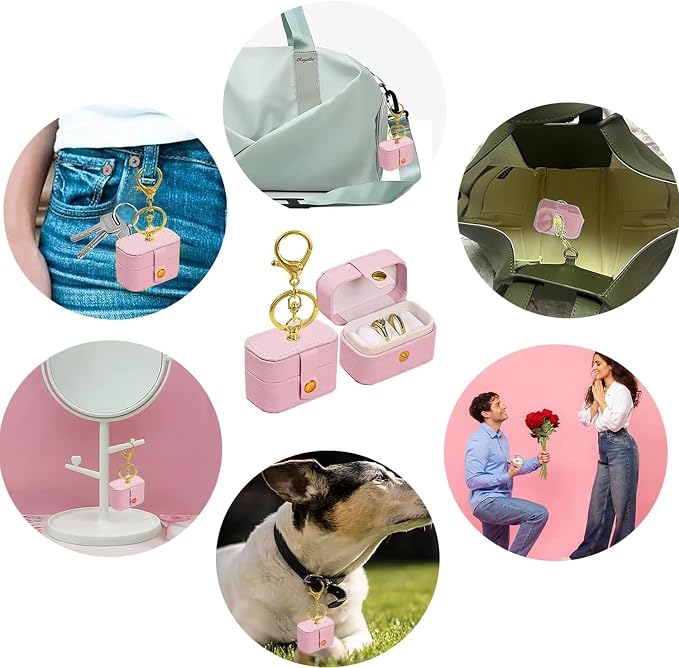 Wedding Ring Bearer Pillows Box for Dog Collar, PU Leather Travel Mini Ring Holder Pouch with Keychain Clip& Buckle Closure, Bridesmaid Gifts Jewelry Storage Case for Women Girls(Pink)