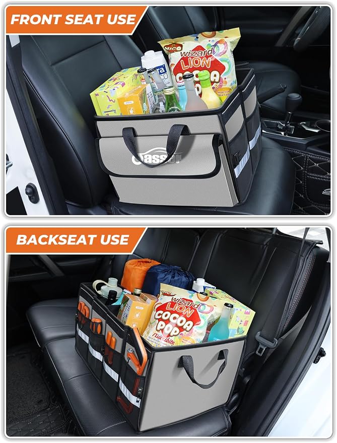 Oasser Car Trunk Organizer Collapsible Multi Compartments SUV Trunk Organizer with Reflective Strip Foldable Cover | 4 Mesh Pockets, 600D, Non-Slip Bottom, Reflective Strip, 35kg Load, for SUV Saloon Estate Daily Storage, Shop & Family Trip